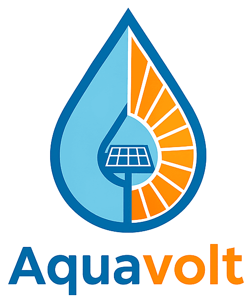 AquaVolt logo: a water drop with a solar panel and sun rays